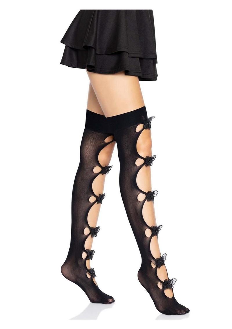 Leg Avenue Opaque Net Cut-Out Butterfly Applique Thigh Highs