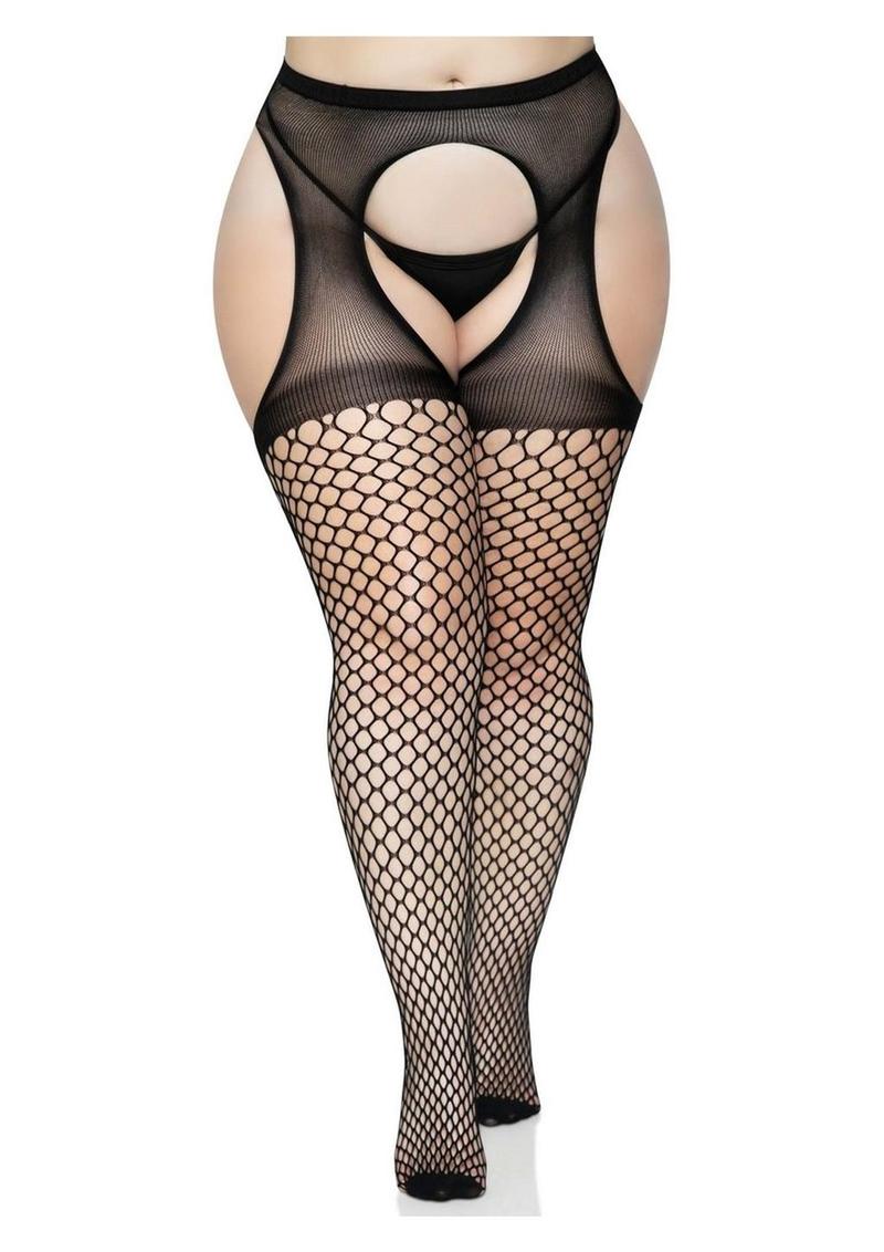 Leg Avenue Oval Net Suspender Hose with Opaque Top - Black - Queen/XLarge/XXLarge