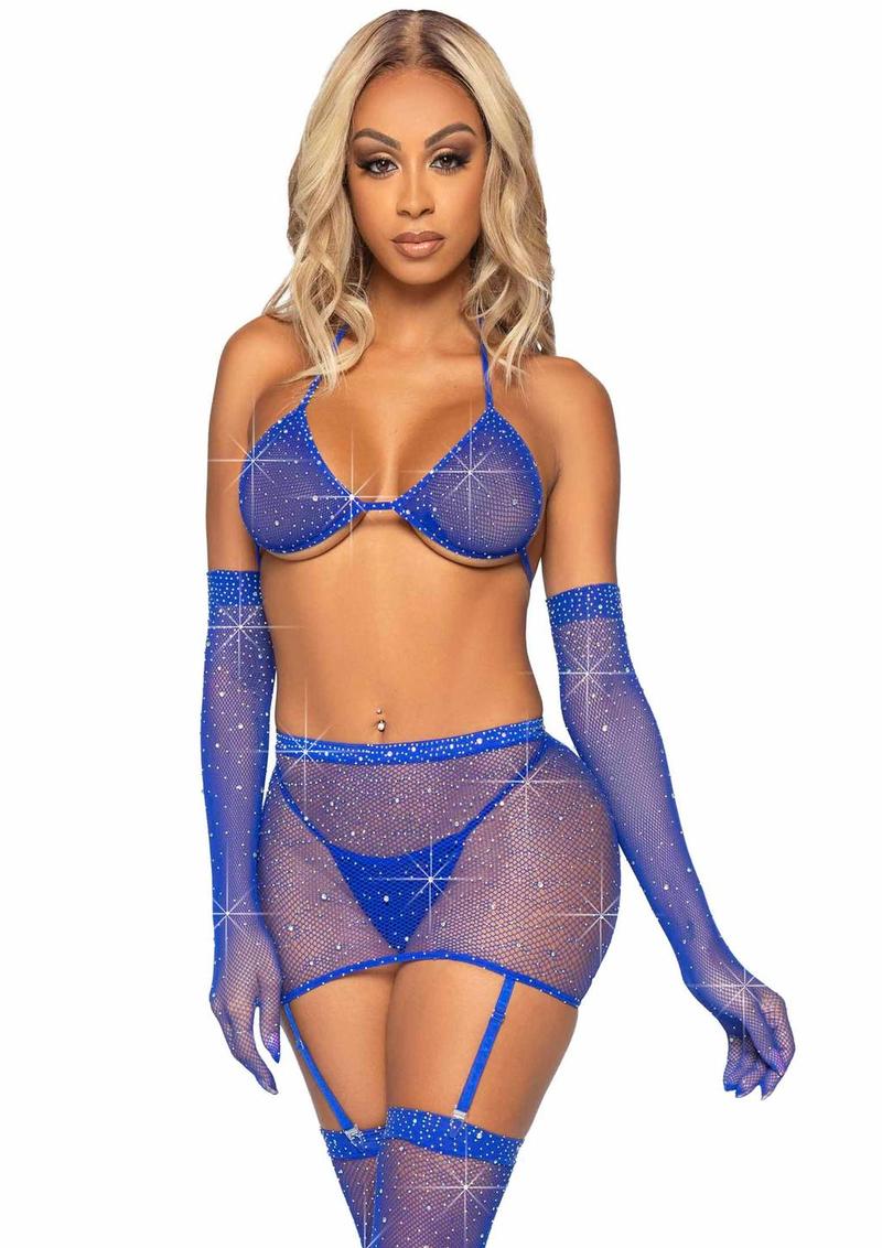 Leg Avenue Rhinestone Fishnet Garter Skirt Set with Bikini Top, G-String, Gloves and Matching Stockings