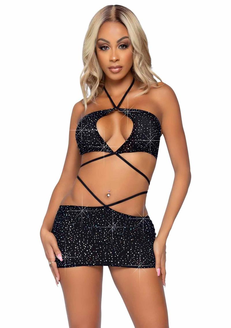 Leg Avenue Rhinestone Keyhole Bandeau Top and Low Rise Skirt with Waist Strap Detail - Black - Medium - 2 Pieces