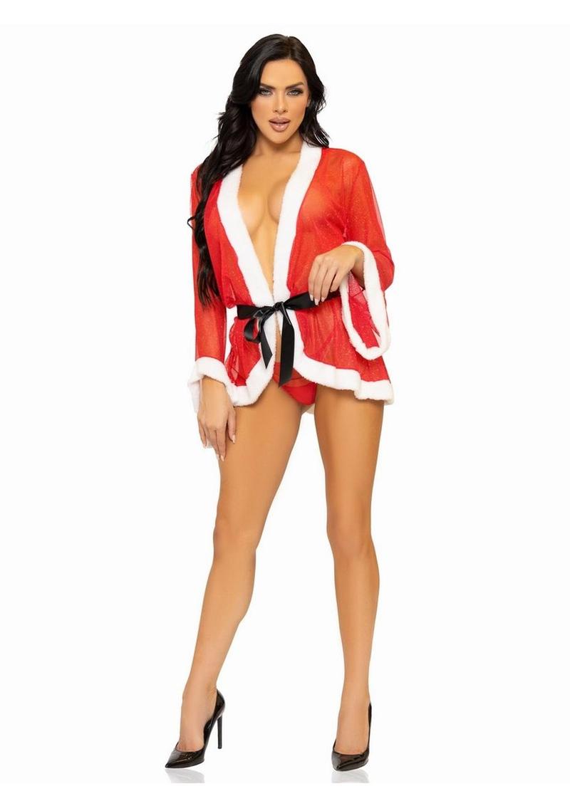 Leg Avenue Santa Mesh Robe with Plush Trim, Ribbon Tie, and G-String