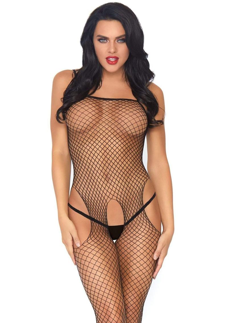 Leg Avenue Seamless Industrial Net Suspender Bodystocking - Black - One Size