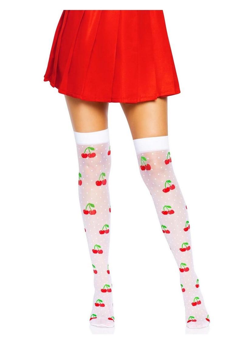 Leg Avenue Spandex Sheer Polka Dot Cherry Thigh Highs - Red/White - One Size