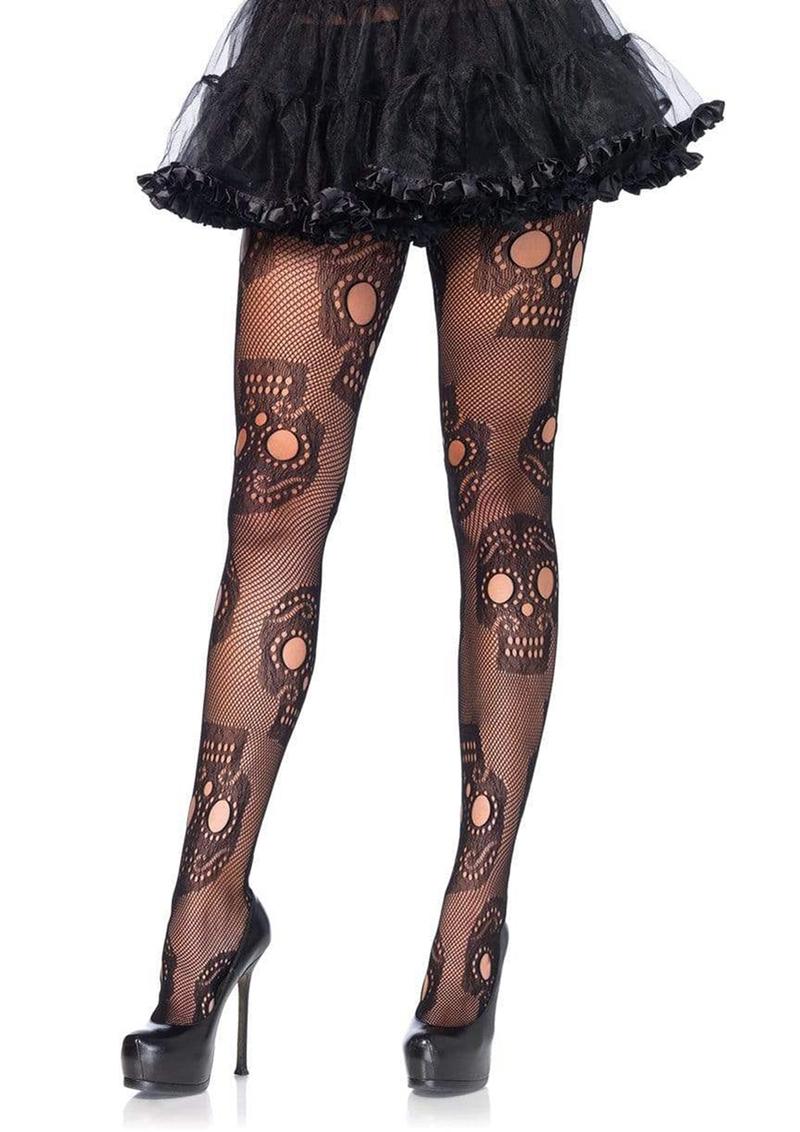 Leg Avenue Sugar Skull Net Pantyhose - Black - Queen/XLarge/XXLarge