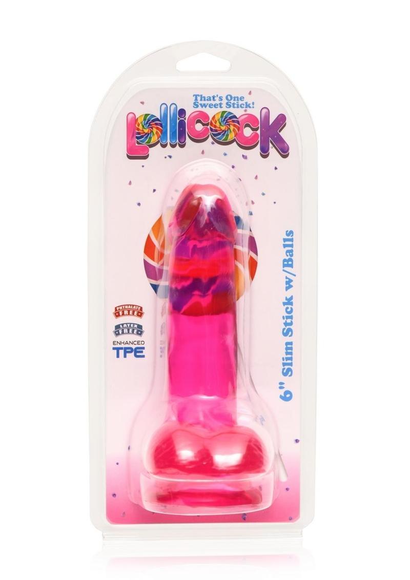 Lollipop Slim Stick Dildo with Balls - Cherry Ice/Red - 6in