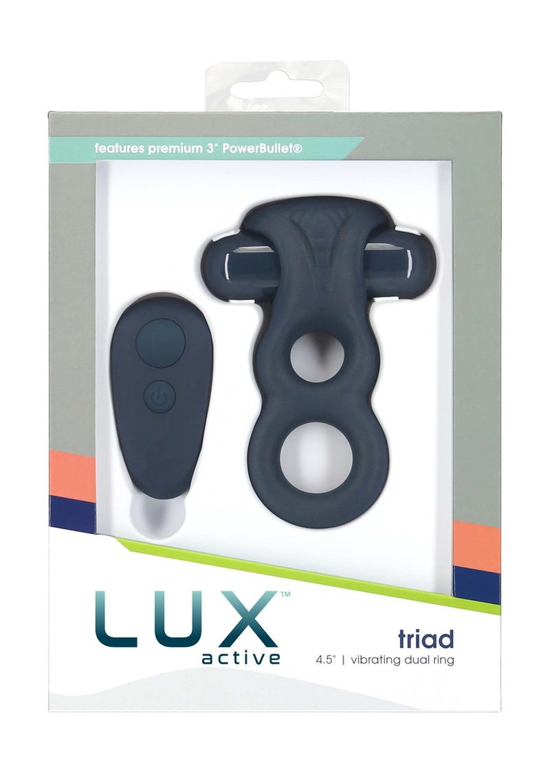 Lux Active Triad Silicone Rechargeable Vibrating Dual Cock Ring with Remote Control - Blue/Navy