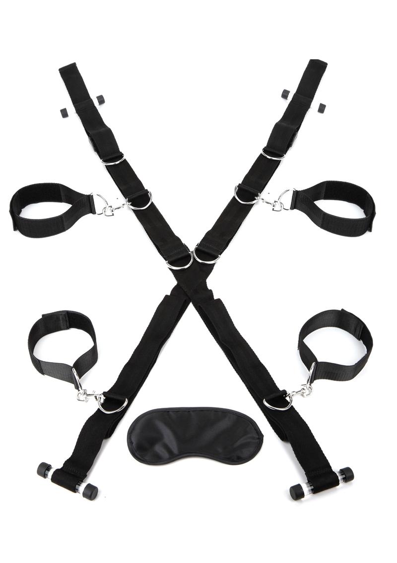 Lux Fetish Over The Door Cross with 4 Universal Soft Restraint Cuffs - Black