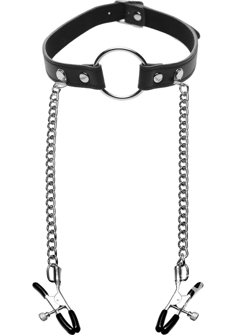 Master Series Seize O-Ring Gag with Nipple Clamps - Black/Metal