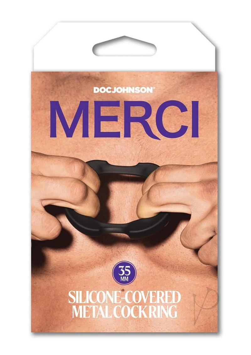 Merci Silicone Covered Metal Cock Ring - Black/Metal - 35mm