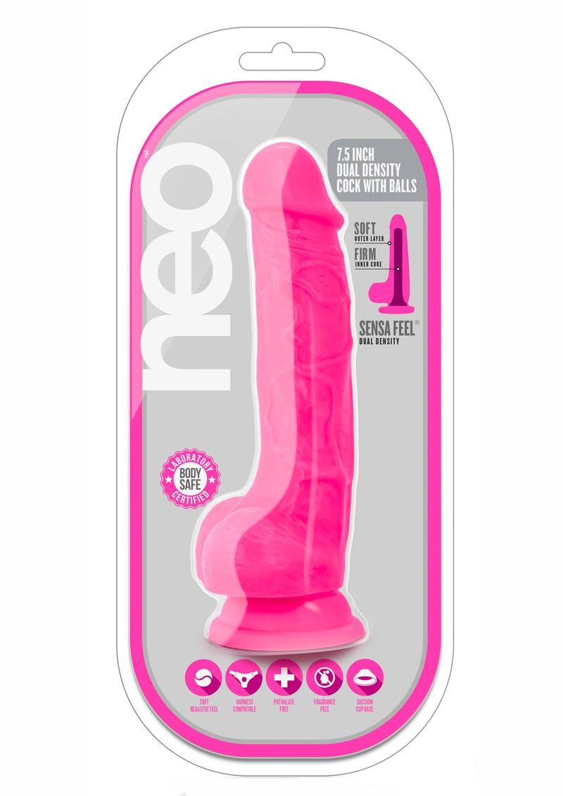 Neo Dual Density Dildo with Balls - Neon Pink/Pink - 7.5in