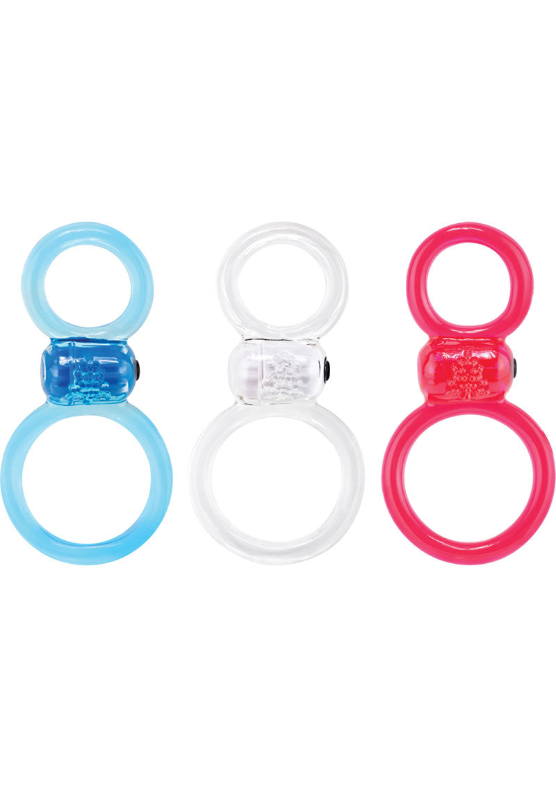 Ofinity Plus Super Stretch Vibrating Double Silicone Cock Ring Waterproof - Assorted Colors - 6 Each Per Box