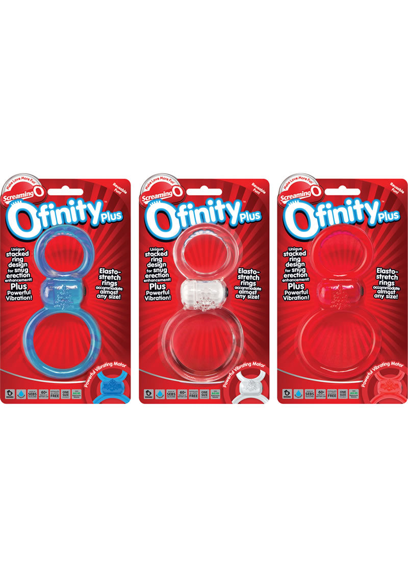 Ofinity Plus Super Stretch Vibrating Double Silicone Cock Ring Waterproof - Assorted Colors - 6 Each Per Box