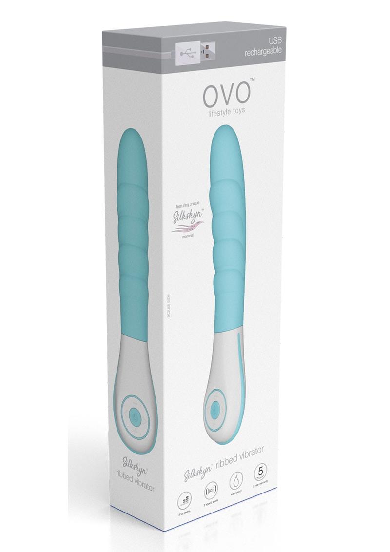 OVO Silkskyn Rechargeable Silicone Ribbed Vibrator - Blue/White