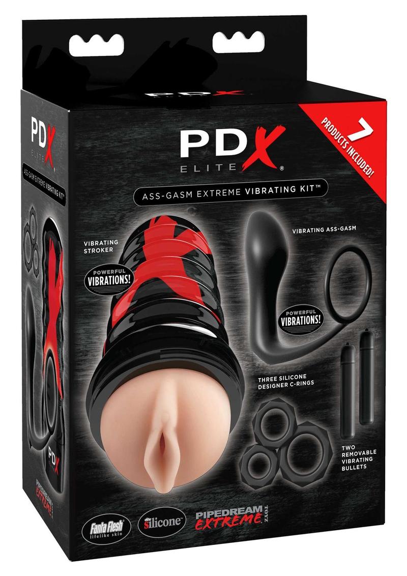 Pipedream Extreme Elite Ass-Gasm Vibrating Kit Masturbator with Bullets - Pussy - Black/Vanilla