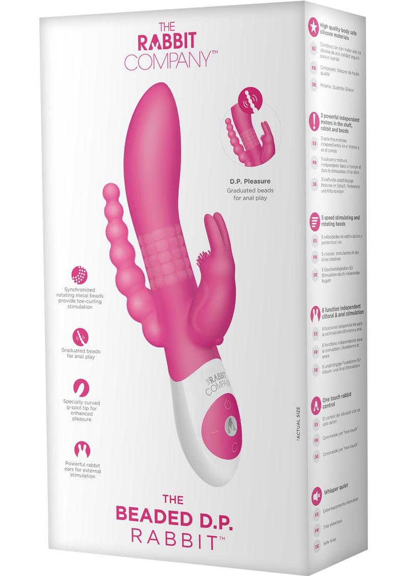 The Beaded DP Rabbit Rechargeable Silicone Vibrator with Clitoral and Anal Stimulation - Hot Pink/Pink