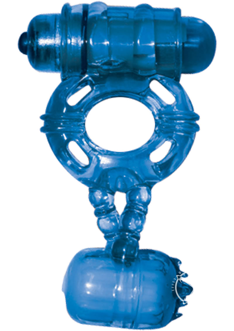 The Macho Double Cock and Balls Silicone Cock Ring - Blue