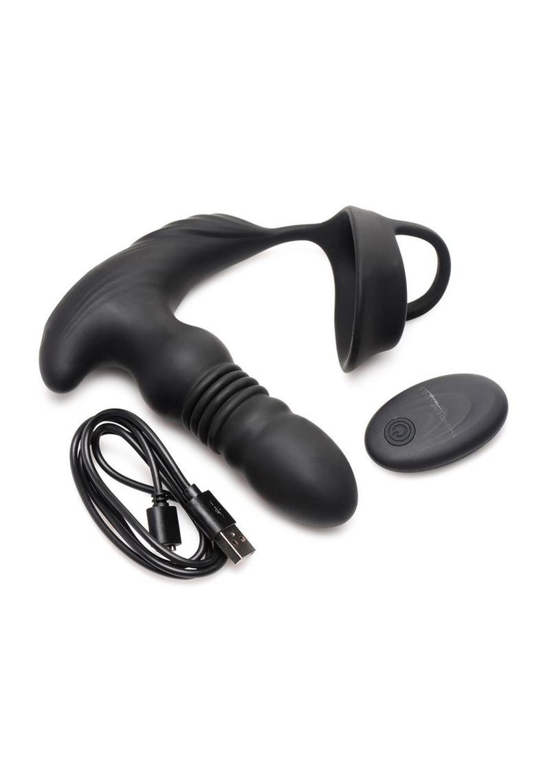 Thunder Plugs Rechargeable 10x Thrusting Silicone Vibrator with Cock and Ball Strap