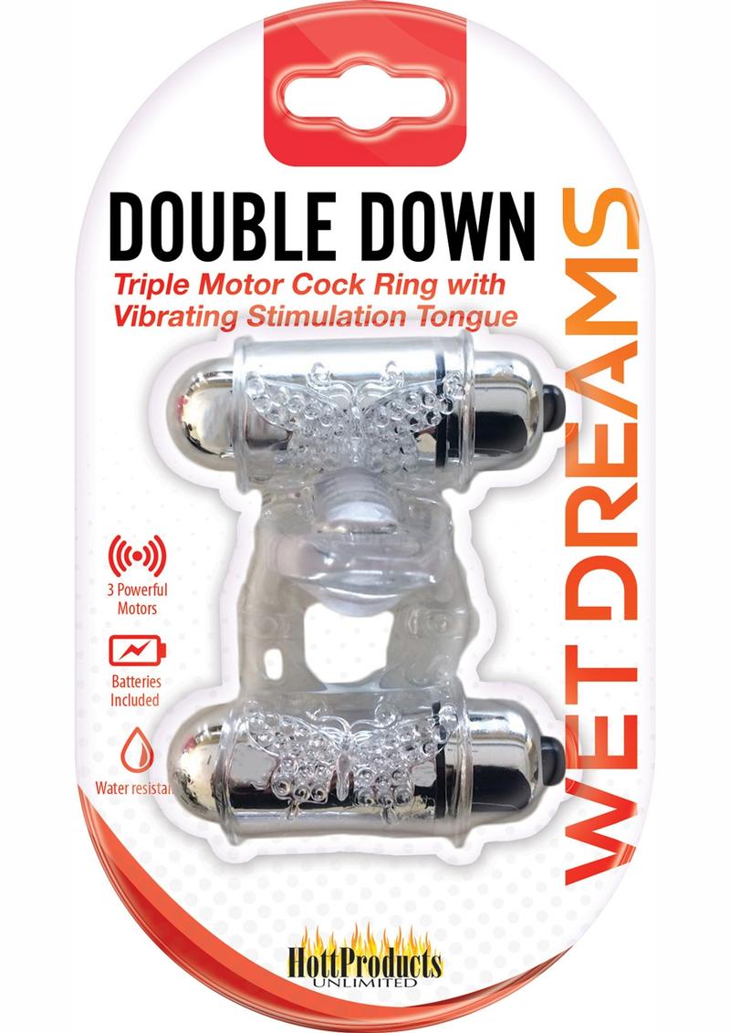 Wet Dreams Double Down Triple Motor Cock Ring with Vibrating Stimulating Tongue Waterproof - Clear